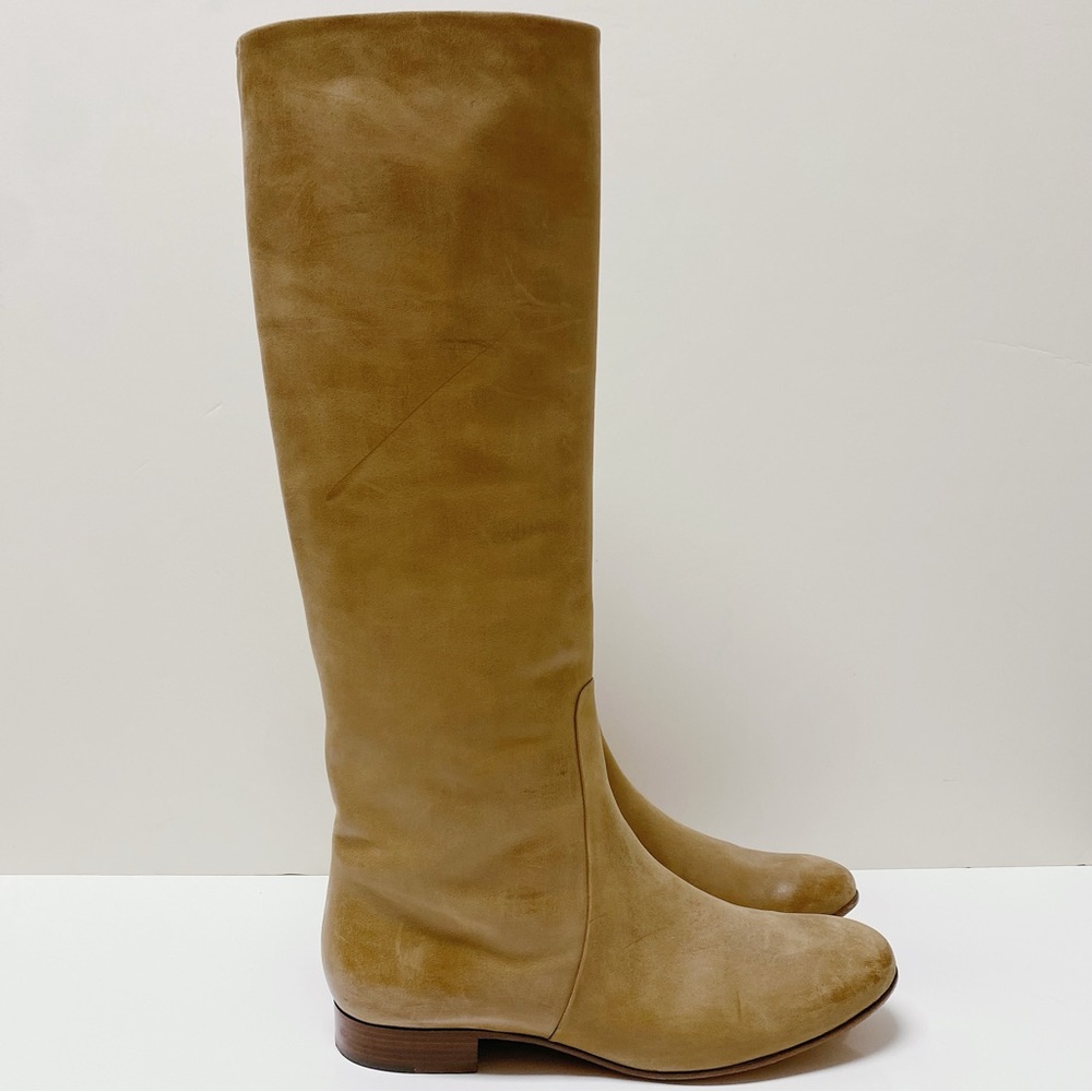 Celine Phoebe Philo Tan Calfskin Leather Knee High Round Toe Riding Boots 40 10